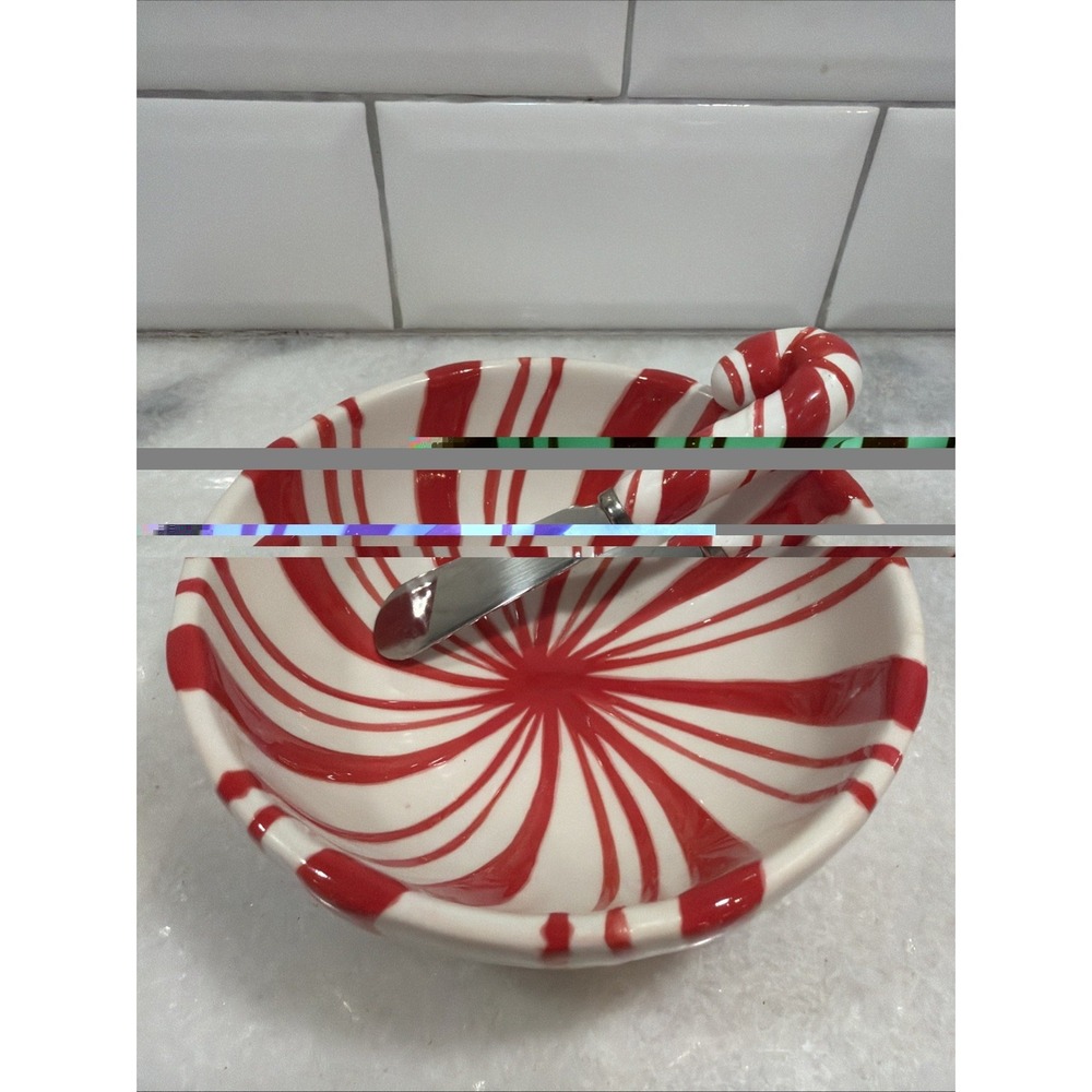 Hallmark Red/White Swirl Peppermint Ceramic Dip Bowl Candy Cane Spreader ES051